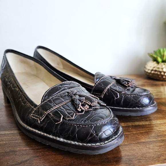 Talbots Crocodile Embossed Genuine Leather Tassel Penny Loafers Dark Brown, 7.5 - Picture 11 of 16
